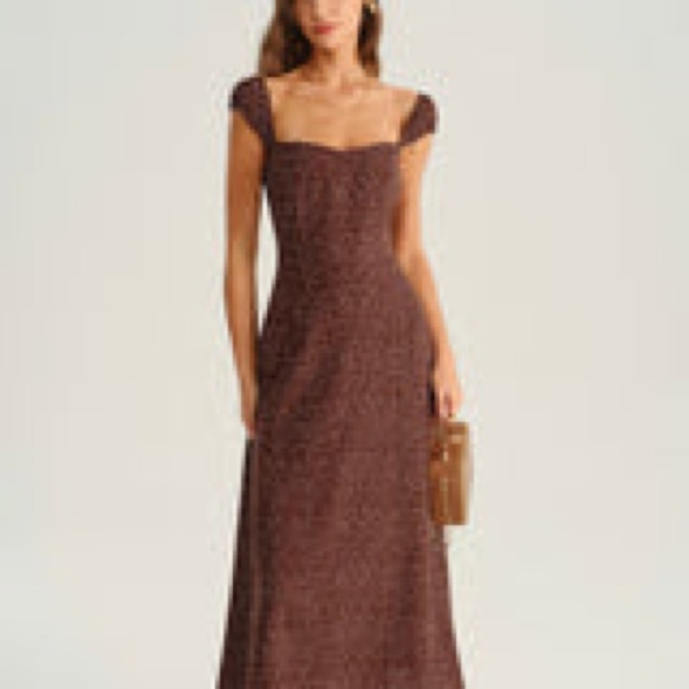 RIHOAS Brown Square-Neck Cap Sleeve Maxi Dress